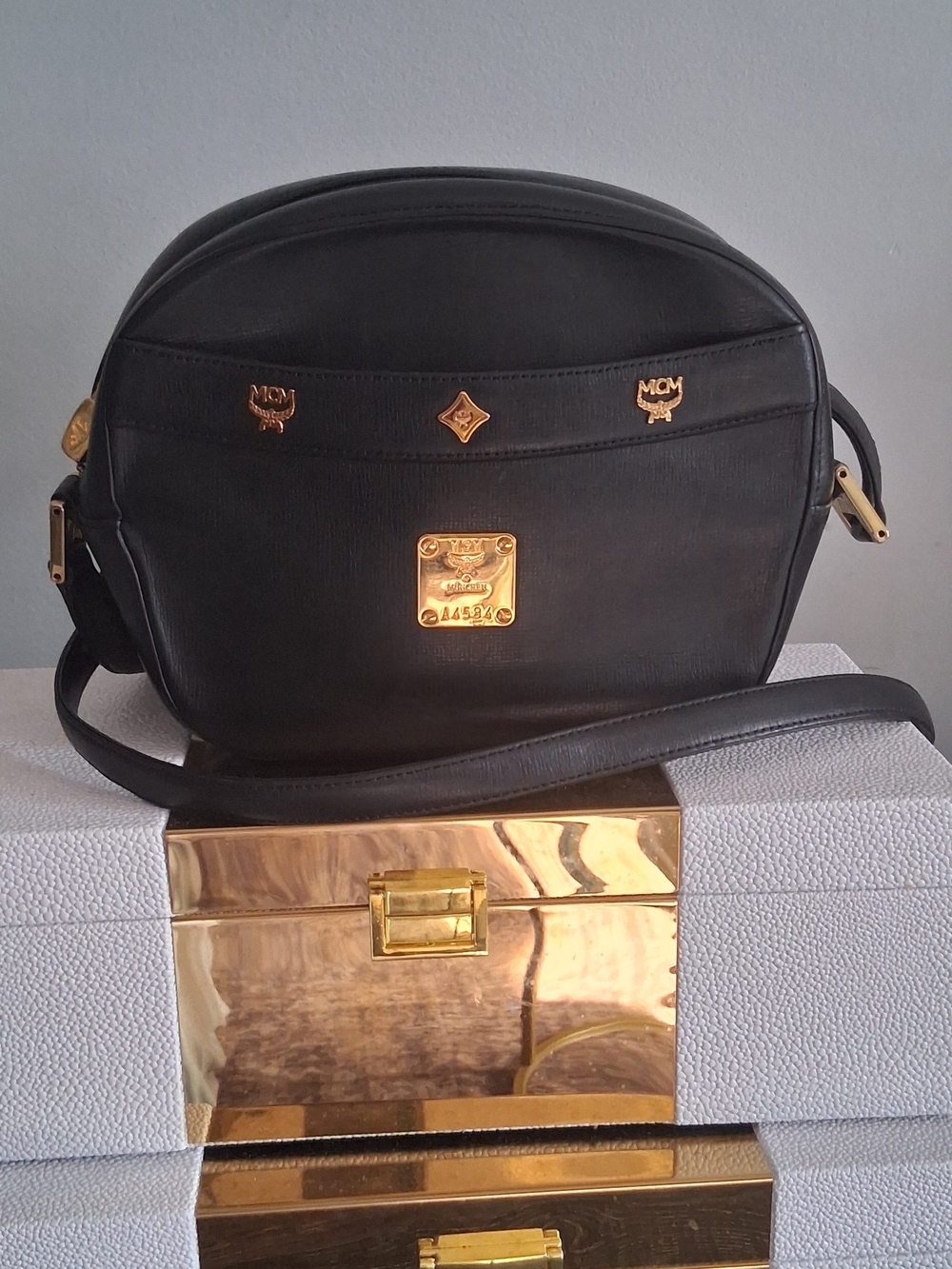 💯Authentic..  MCM Black Leather Crossbody Bag with Gold Hardware